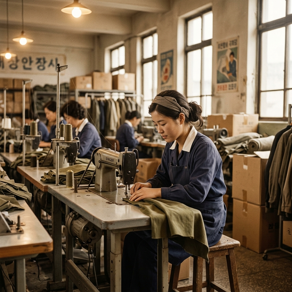 1970년대 마산 자유무역지역 공장에서 일하는 젊은 여공과 재봉틀